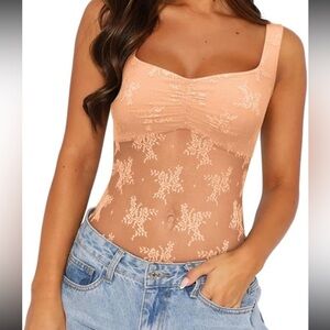 REORIA Women  Sexy Square Neck Embroidered Lace Mesh See Through Bodysuit NWT S